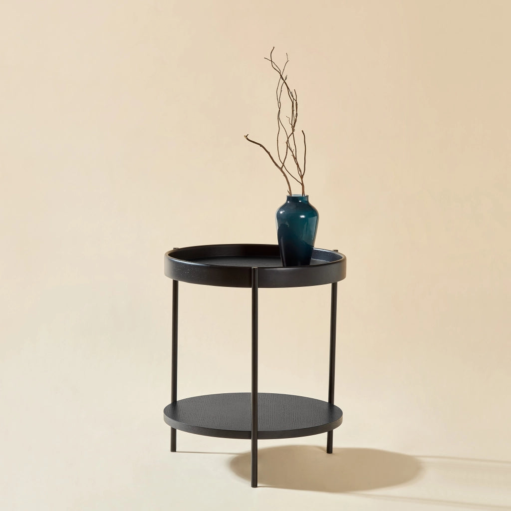 TAVOLINO DA CAFFÈ rotondo a 2 ripiani Ø69x38 cm nero in legno massello e MDF
