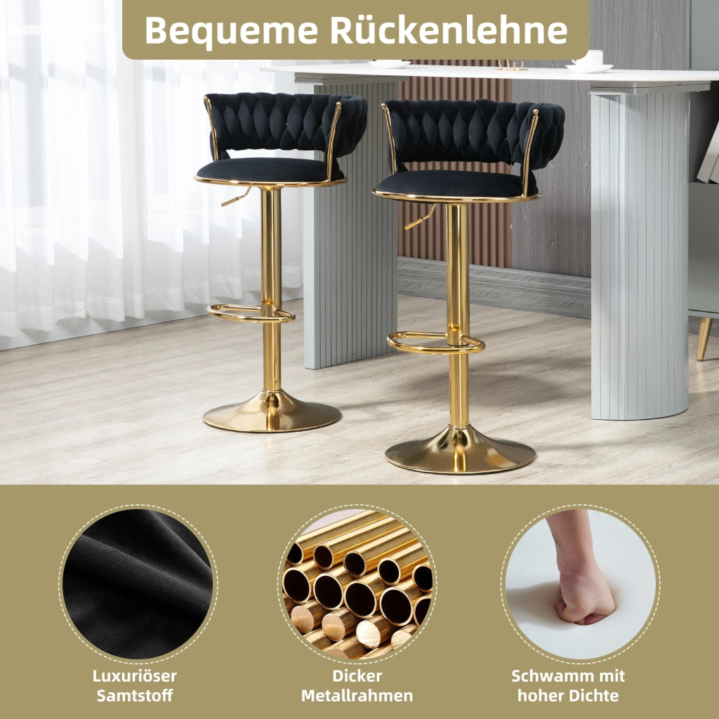 Set di 2 sgabelli da bar girevoli 360° con altezza regolabile e schienale - in velluto nero