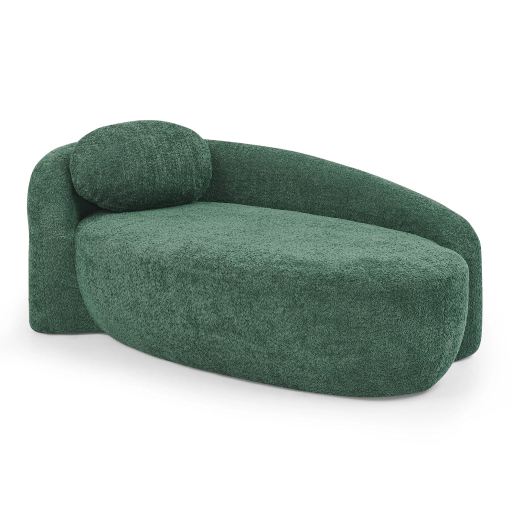 Divano compatto in Teddy verde con design arrotondato, cuscino di supporto e imbottitura elastica