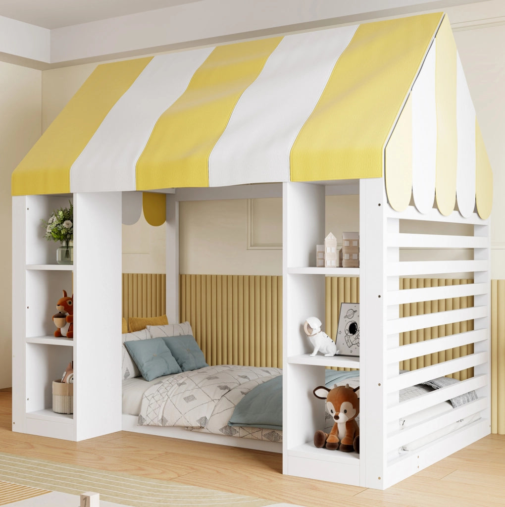 Letto per bambini 90x200 cm con baldacchino e vani portaoggetti bianco
