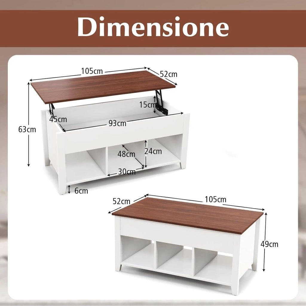 Tavolino da Caffè di Legno con Superficie Sollevabile, Tavolino Rettangolare da Divano con 3 Mensole Aperte, Mobile Multifunzionale per Salone e Ufficio, 104,5 x 49 x 62,5 cm (Bianco)