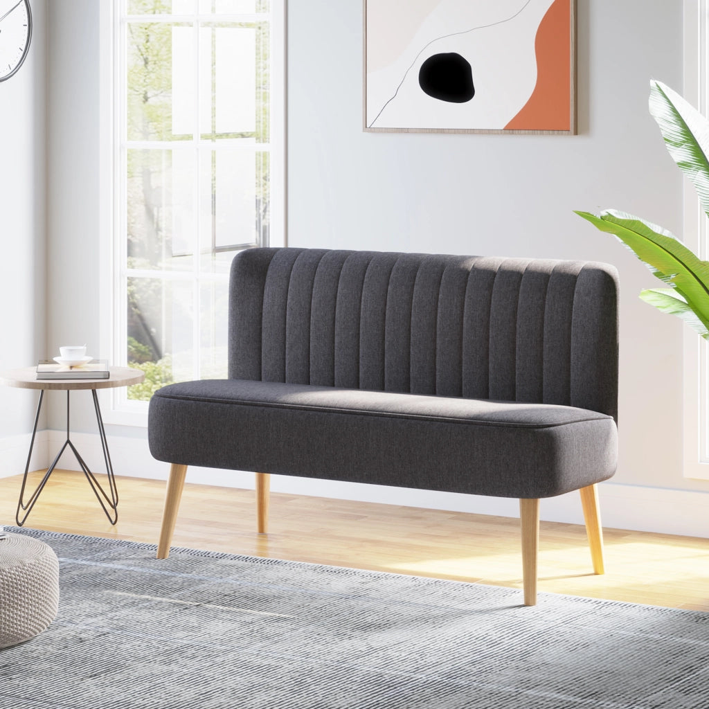 Divano 2 Posti in Tessuto Effetto Lino Senza Braccioli con Gambe in Legno, 117x56.5x77 cm, Grigio Scuro