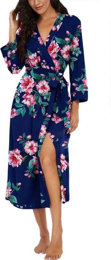 Vestito da camera per donne con collo V, kimono badjas con manica 3/4, saunajas a maglia lunga (marino multicolore, M)