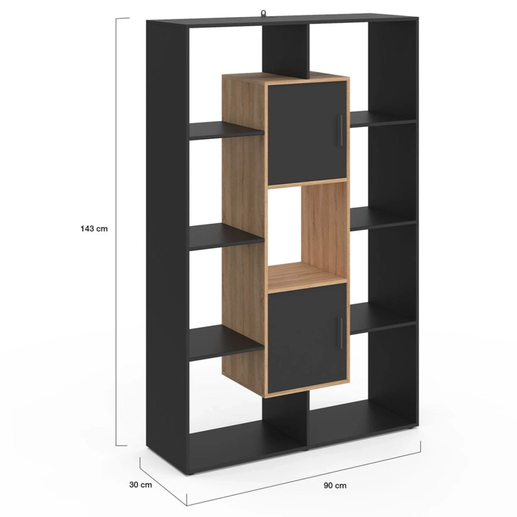 IDMarket - Estantería COLETTE con 11 compartimentos y 2 compartimentos negros y efecto madera H.143 cm