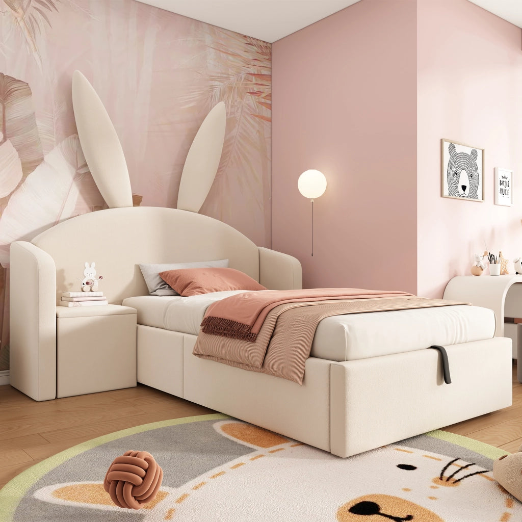 Letto per bambini 90 × 190 cm con testiera a orecchie di coniglio, contenitore idraulico e comodino, senza materasso, beige