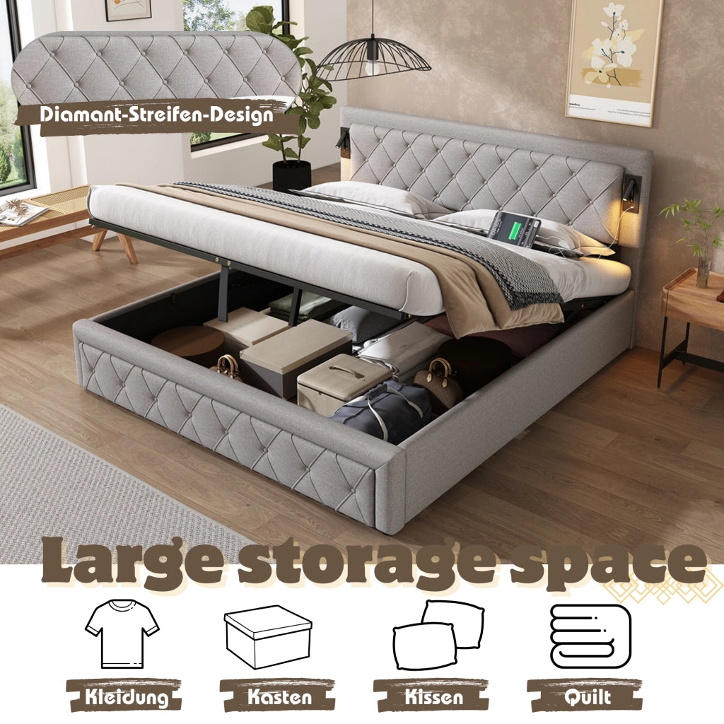 Letto Contenitore Letto Matrimoniale con Downlight; USB; rete a doghe in legno; Grigio