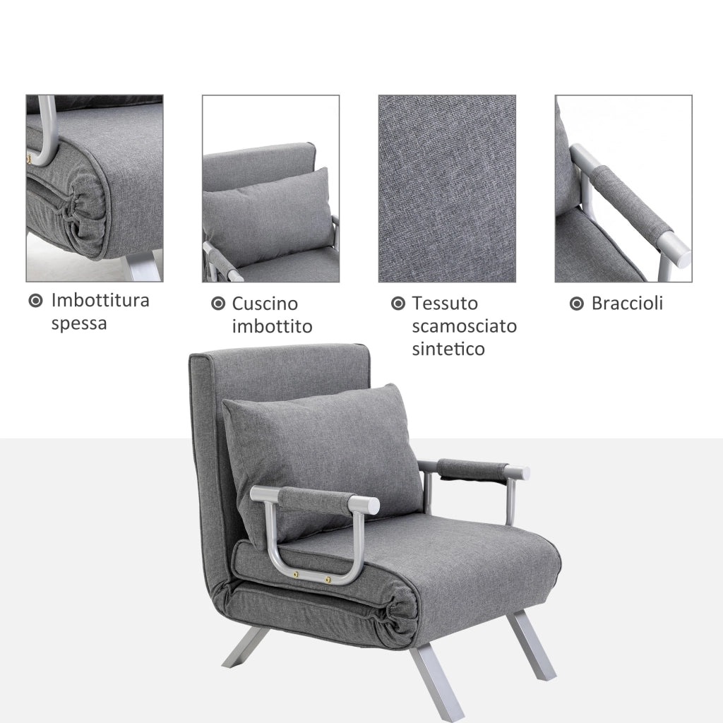Poltrona Letto Singola con Schienale Regolabile su 5 Livelli e Cuscino, in Tessuto, Grigio Chiaro