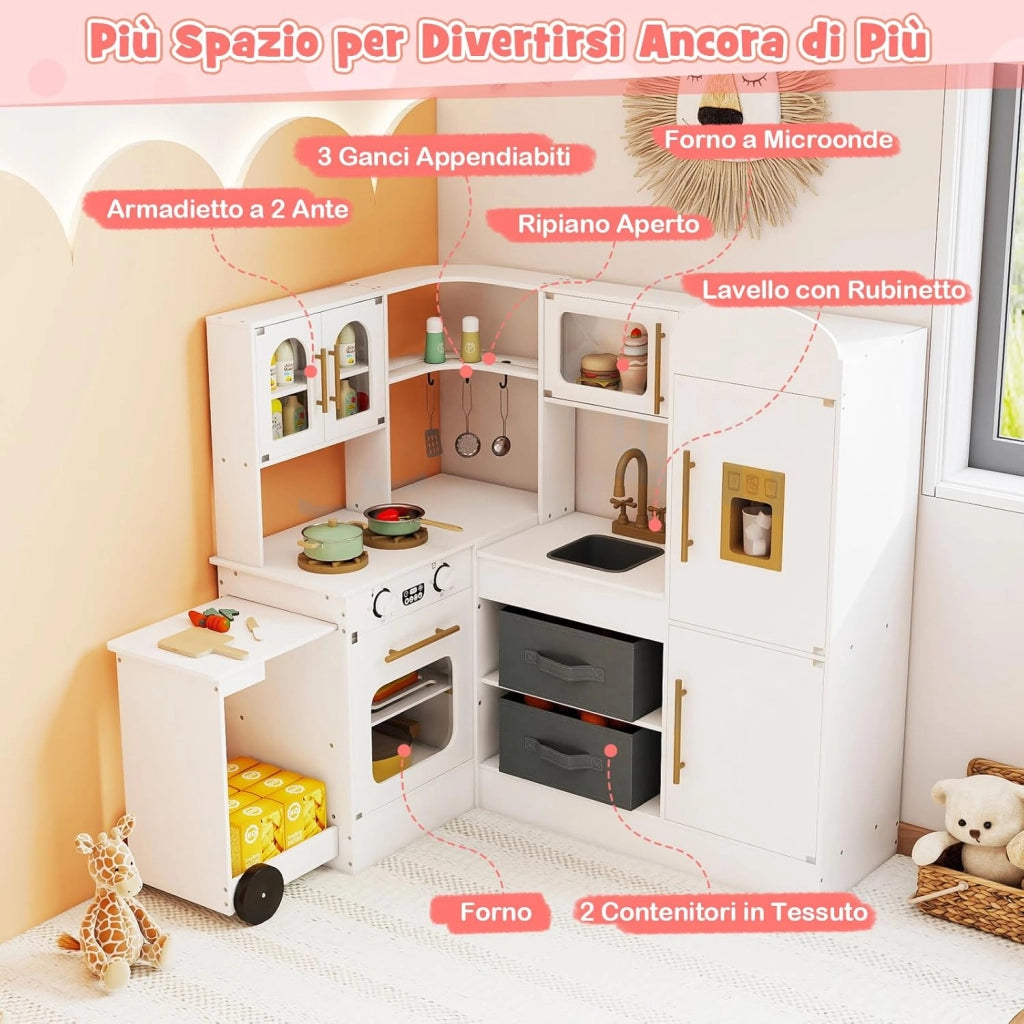 Cucina Giocattolo Angolare in Legno, Set di Cucina Giocattolo per Bambini con Lavabo, Fornelli, Forno, Frigorifero, Macchina del Ghiaccio e Accessori, per Bambini 3 Anni+ (Bianco)