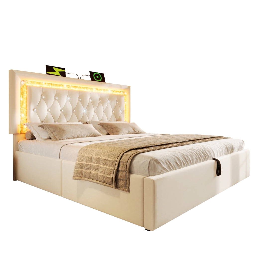 OKWISH Letto Contenitore 160×200 cm, Letto Matrimoniale con LED Regolabile, USB, Type C e Testiera Trapuntata, senza Materasso, Velluto, Beige