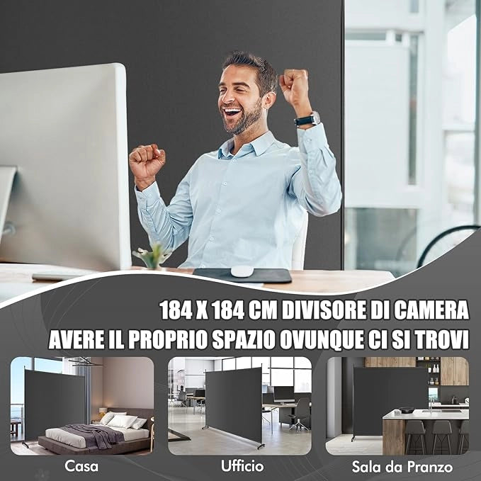 Separé Divisorio Singolo 184 x 184 CM, Paravento da Interno ed Esterno con Ruote Bloccabili, Pannello Divisorio per Ambienti Interni Portatile da Soggiorno Camera da Letto e Ufficio (Grigio)