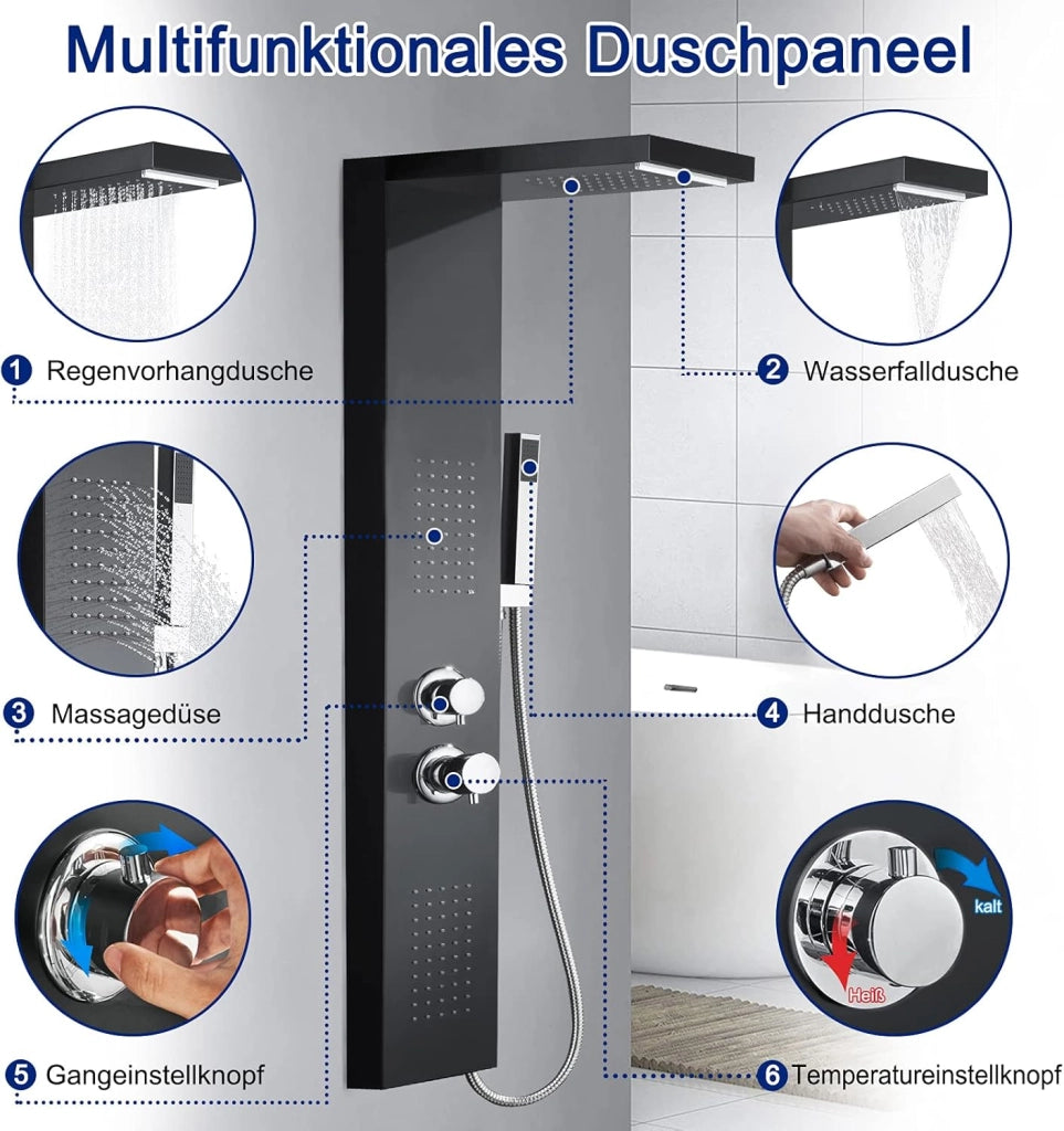 Colonna Doccia Pannello Doccia Multifunzione 4 in 1 in Acciaio Inox 304 con Doccia a Pioggia Doccetta Doccia Idromassaggio Doccia a Cascata, Nero