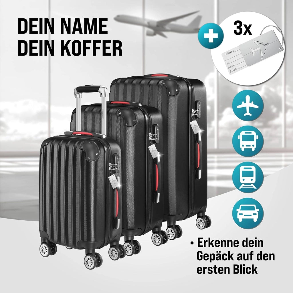 ® Set di Valigie 3 Pezzi con Lucchetto Organizer Cinghia Maniglie Ruote Doppie Piedi Trolley Rigido M-L-XL