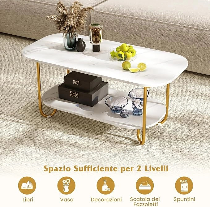 Tavolino da Caffè per Salotto a 2 Livelli, Tavolino Basso Rettangolo con Piano Effetto Marmo, Tavolino da Divano Moderno per Soggiorno,100 x 50 x 45 cm, Bianco e Oro