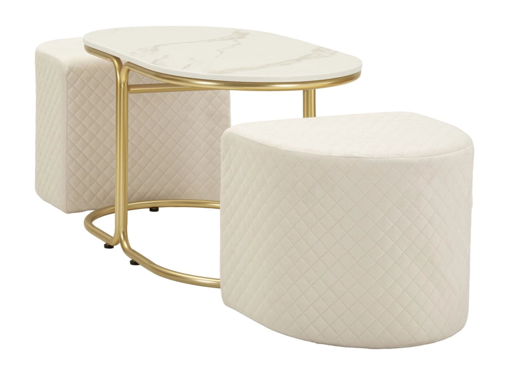 Tavolo da Caffè con 2 Puff Relax 79x45x44 cm in Pino e MDF e Spugna e Poliestere e Metallo