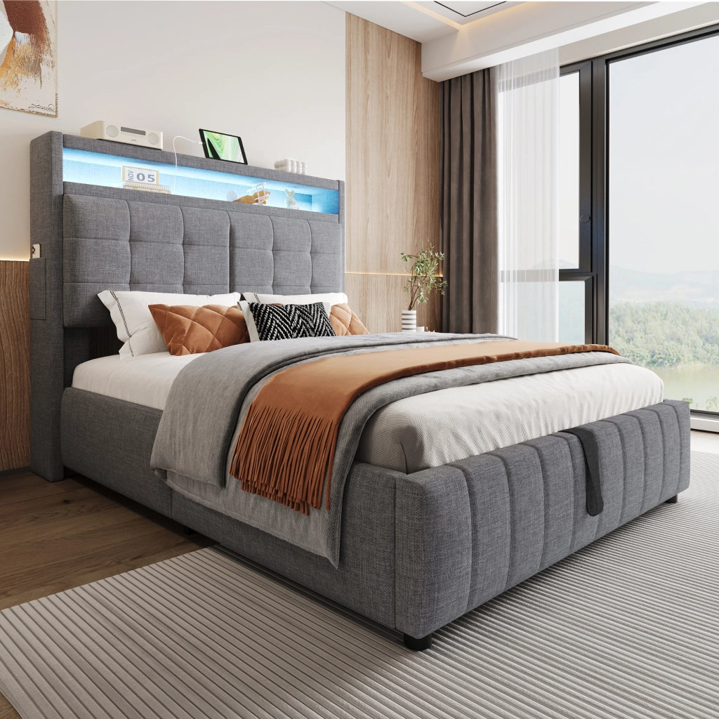 OKWISH Letto Contenitore 140×200 cm, Letto Matrimoniale con LED Regolabile, USB, Mensole e Contenitore Idraulico, senza Materasso, in Tessuto Grigio
