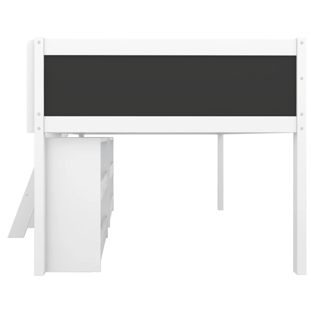 Letto a soppalco basso ULEVR 90x200 cm con ripiani, lavagna, barriera di sicurezza e scala, bianco