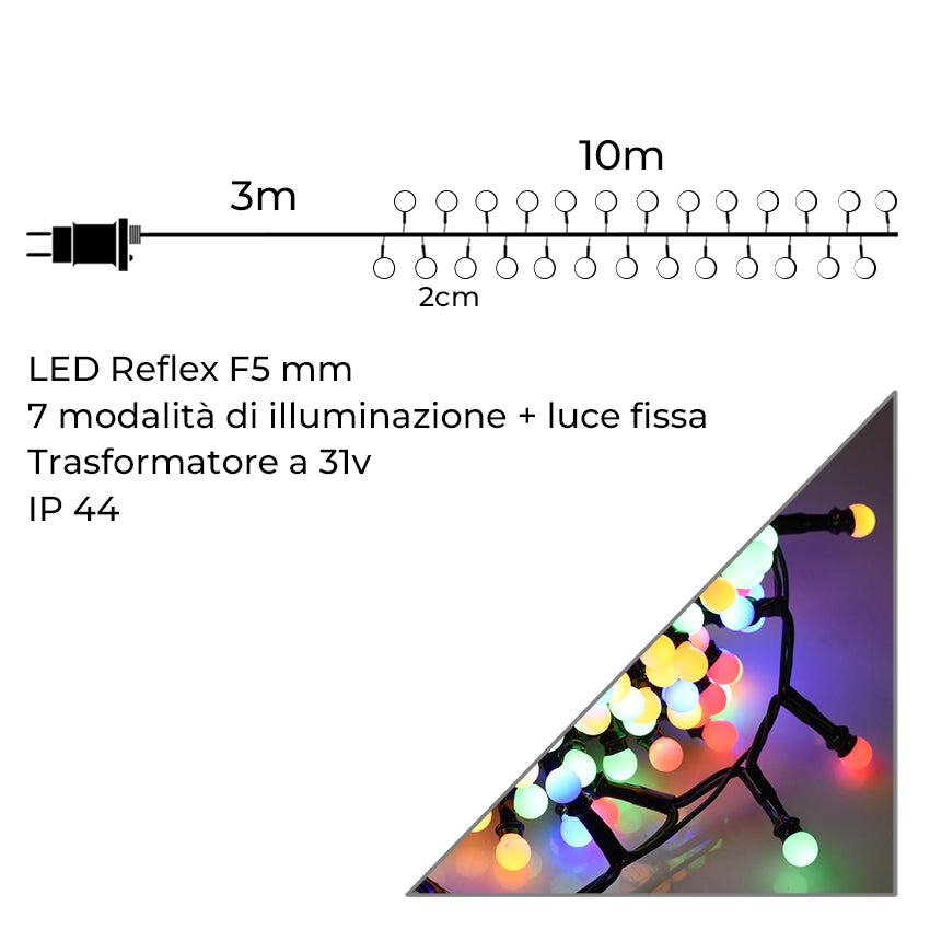 CATENA LUMINOSA LED A SFERA 500 LUCI MULTICOLORE SU CAVO NERO DA 10 METRI - CON 8 MODALITA' DI ILLUMINAZIONE PROLUNGABILE FINO A 2 PEZZI