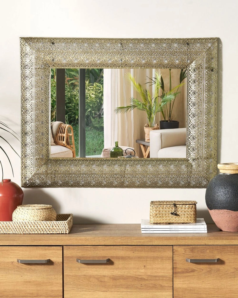 Specchio da Muro Rettangolare Cornice Dorata 69 x 90 cm Decorazione Medio Orientale