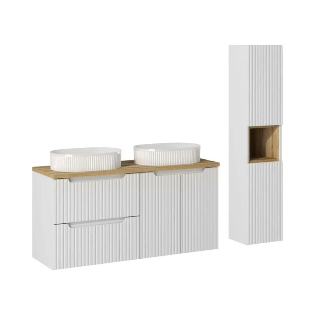 Set VANO bianco 150cm : mobile sotto lavabo con cassetti e armadietti + piano per lavabo + due lavabi da appoggio scanalati + colo
