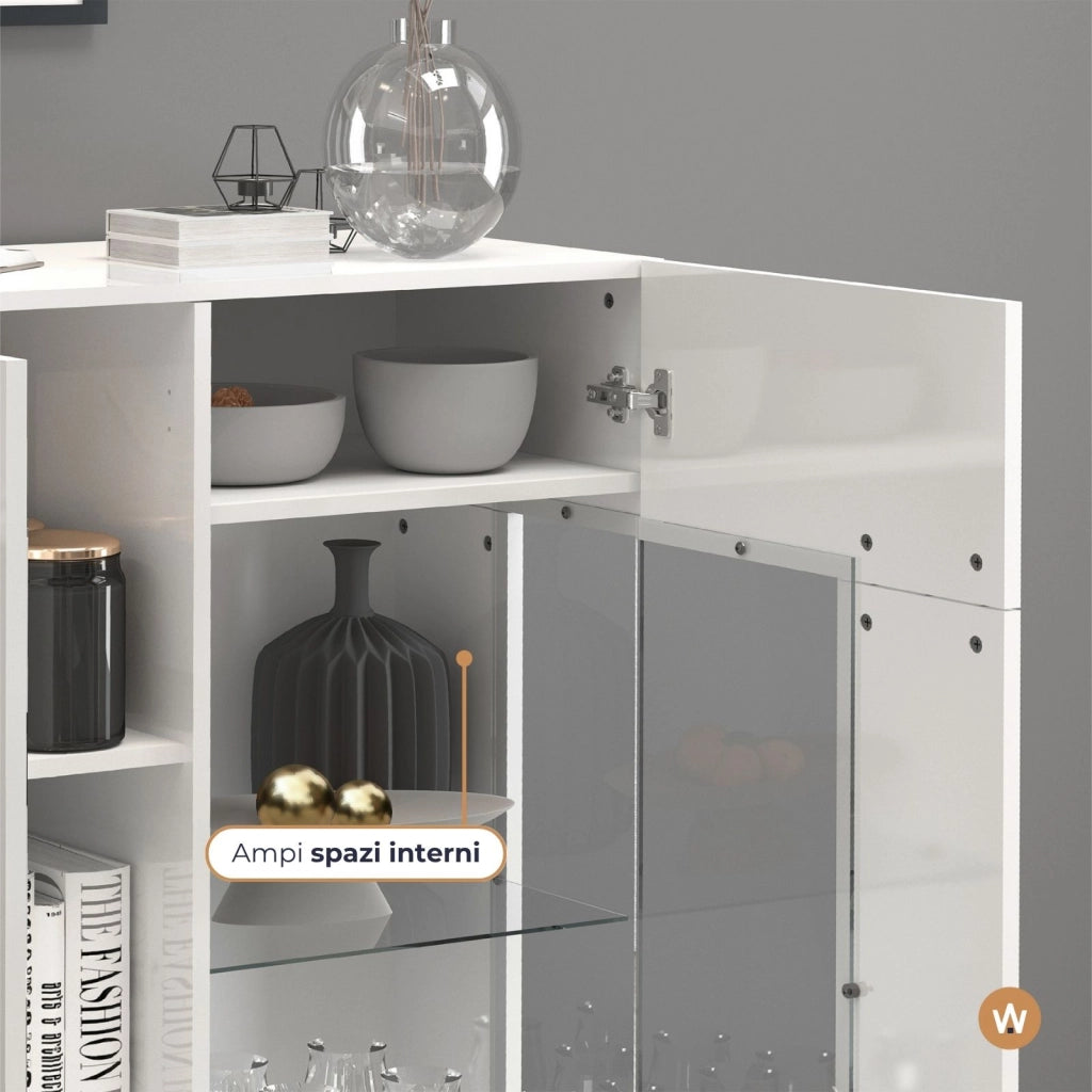 WHOUS Credenza Egypt con 3 ante e inserti in vetro espositivi bianco lucido 135x40x120 cm