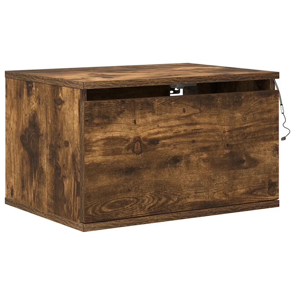 Comodino | Armadio da Notte | Mobiletto da notte a Parete con luci LED Rovere Fumo