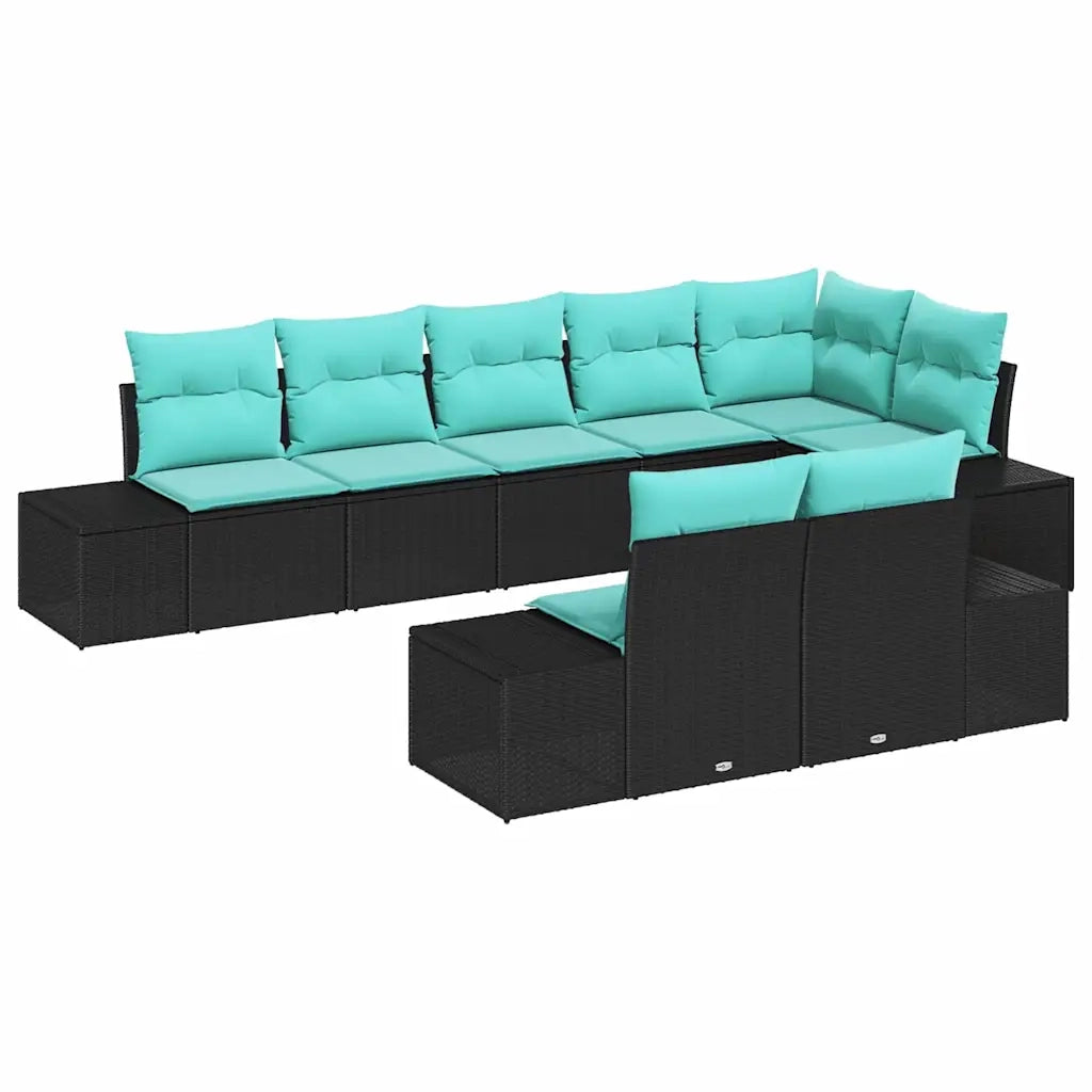 Set Divano da Giardino 8 pz Nero e Turchese Poly Rattan 3355785
