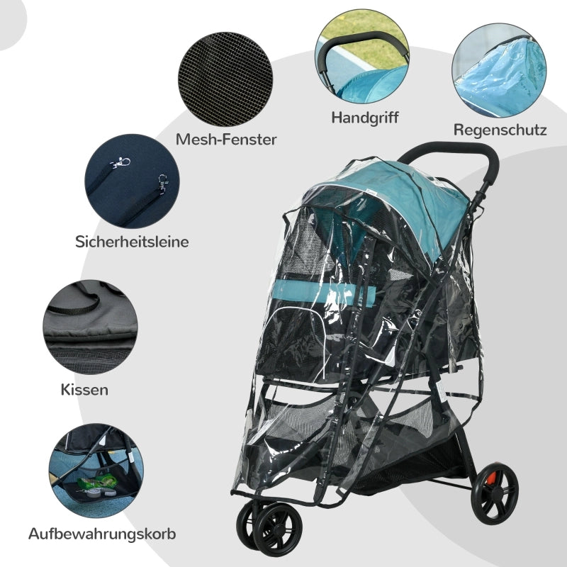 Carrello pieghevole per animali con 4 ruote, freni, sacca inferiore, copertura antipioggia, in poliestere nero e blu