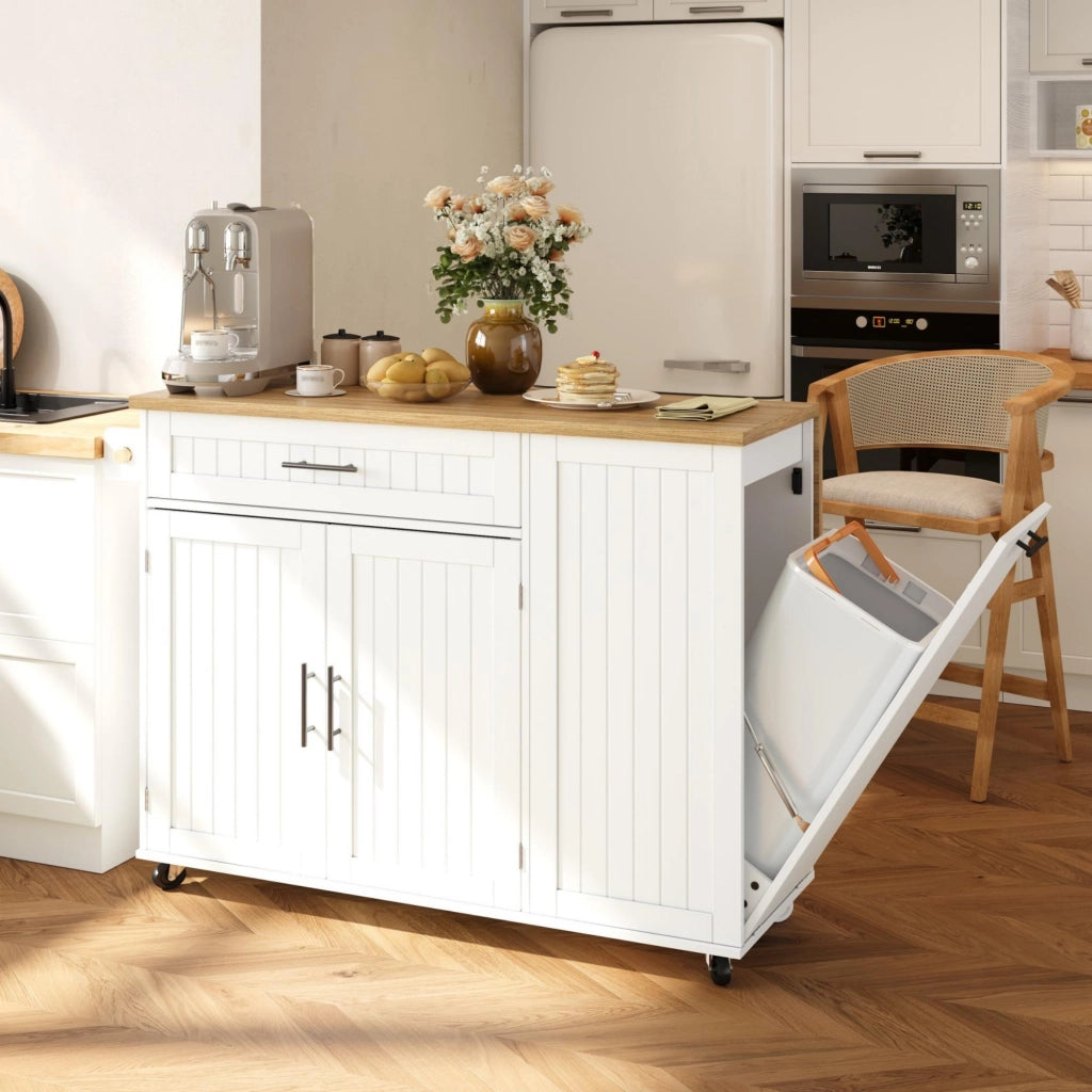 Carrello da cucina con 1 cassetto; vano pattumiera; ripiani sulla porta e piano ribaltabile; bianco; 130 × 70 × 93 cm