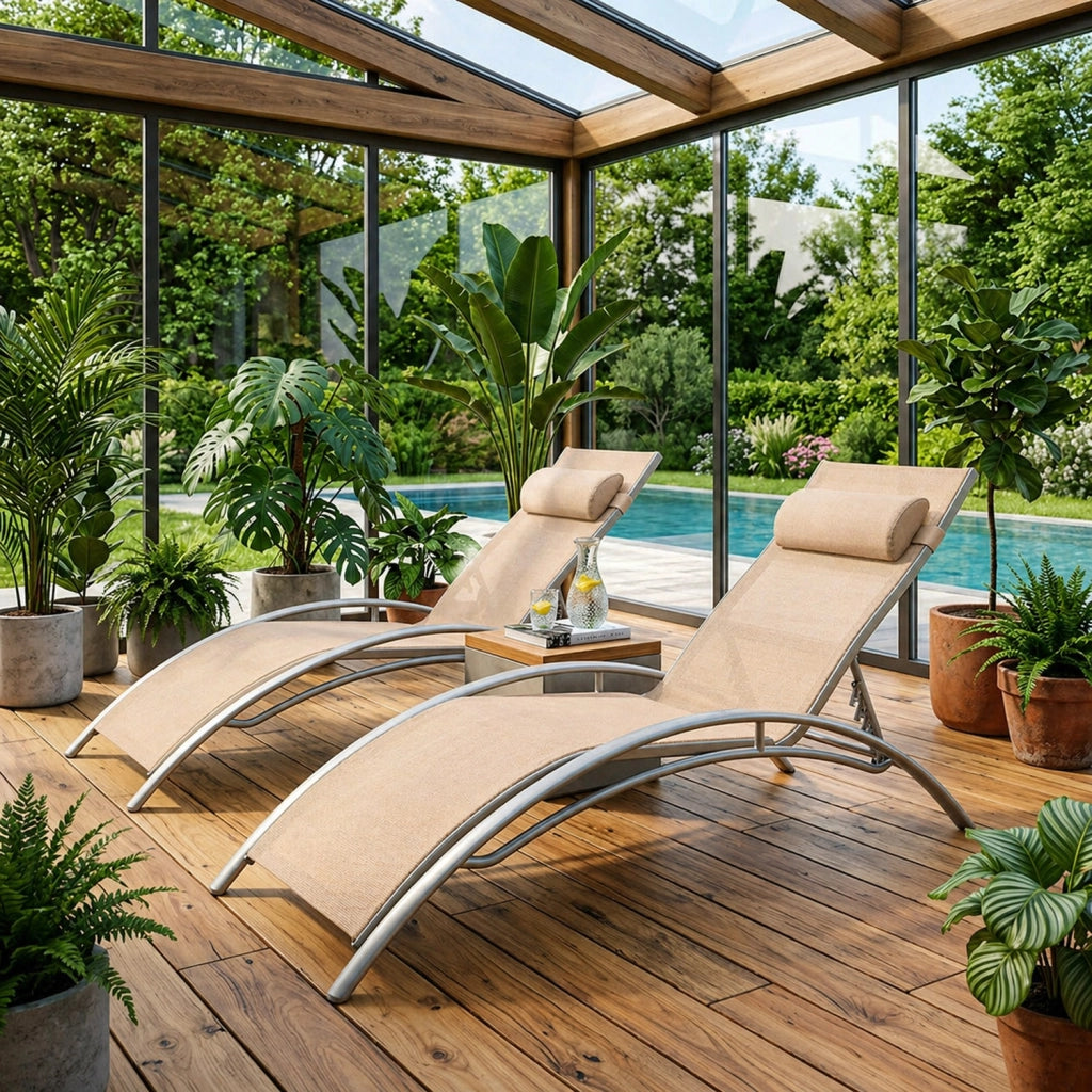 Set 2 Lettini Relax Reclinabili Da Esterno Con Schienale Regolabile 5 Posizioni In Textilene Traspirante Per Giardino Piscina Terrazza Outdoor 59 x 158 x 81.5 Cm Beige