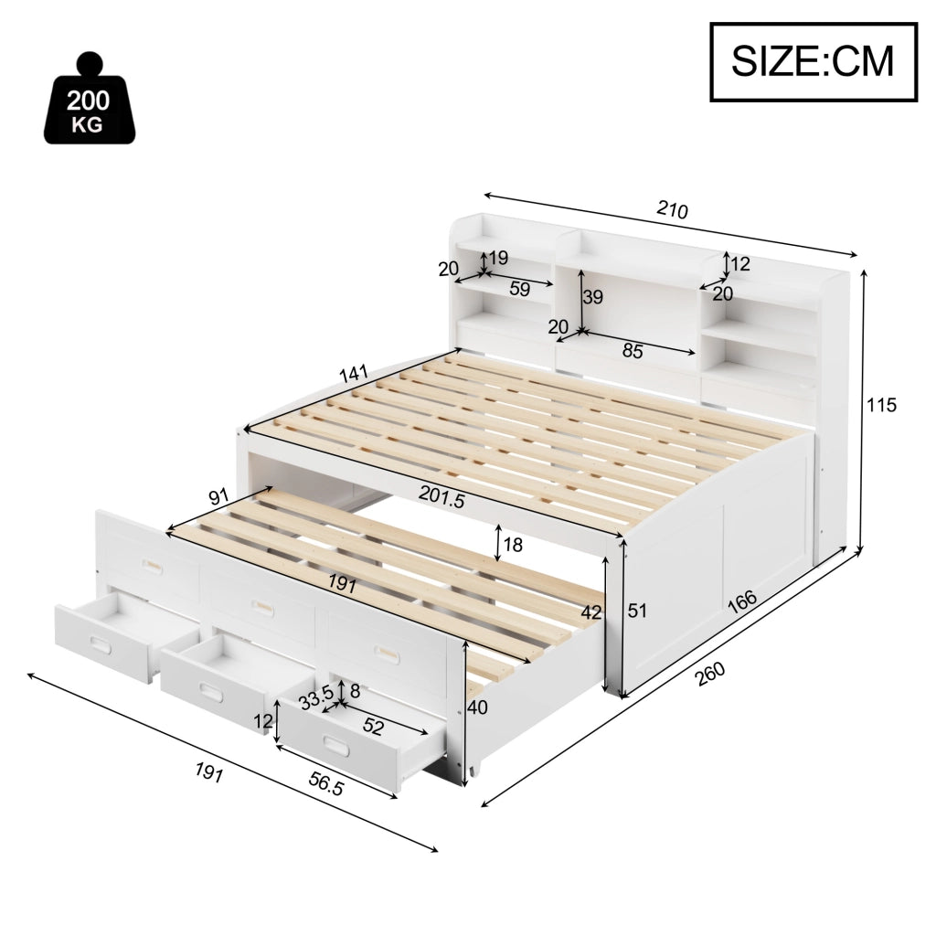 Letto estraibile 140x200 cm con LED, cassetti e USB-C