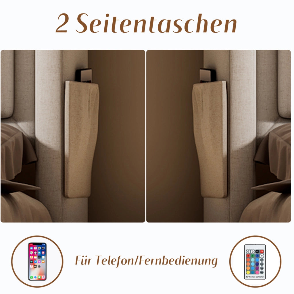 Letto matrimoniale 160x200 cm in cotone e lino con LED; USB-C e contenitore; beige