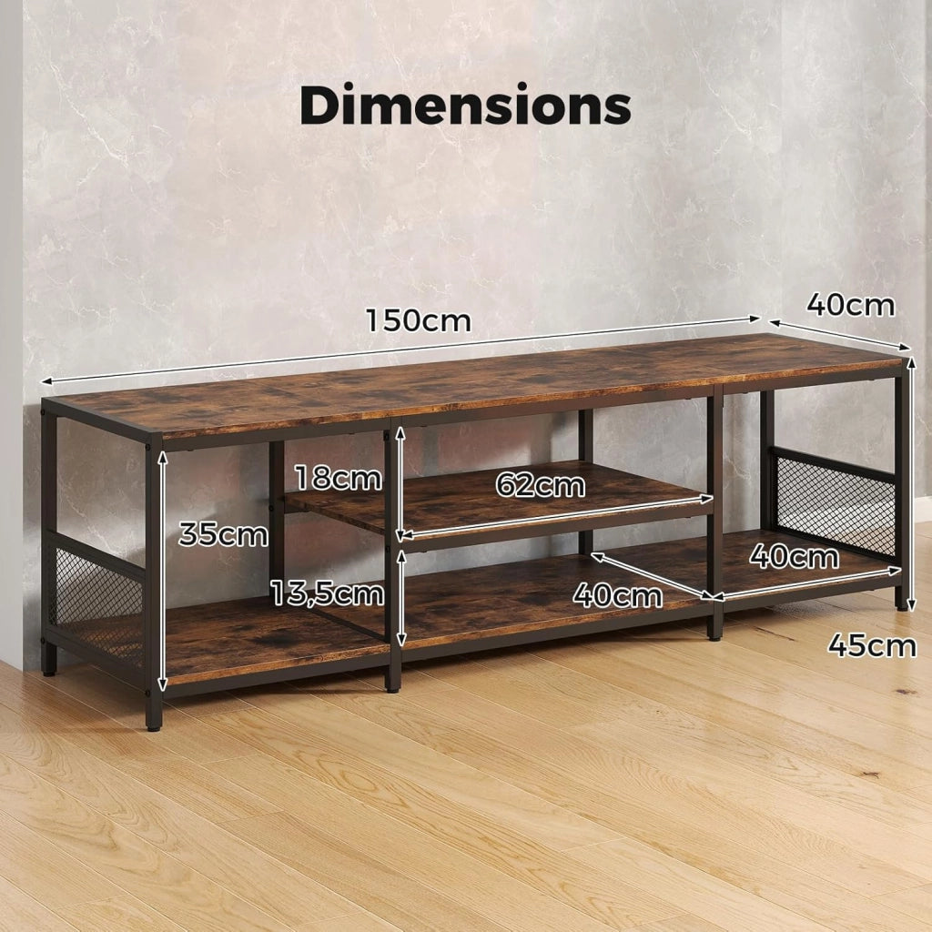 Mobile TV in stile industriale, Panca TV per TV 55/60/65 pollici, con ripiani aperti, cornice in metallo, tavolo TV per camera da letto, soggiorno, marrone rustico, 45 x 40 x 150 cm
