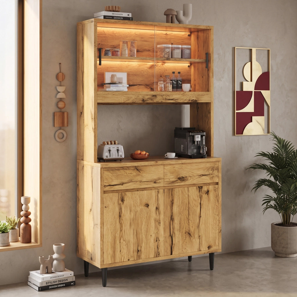 Credenza alta 100x40x185 cm con illuminazione LED; prese USB; truciolato; rovere