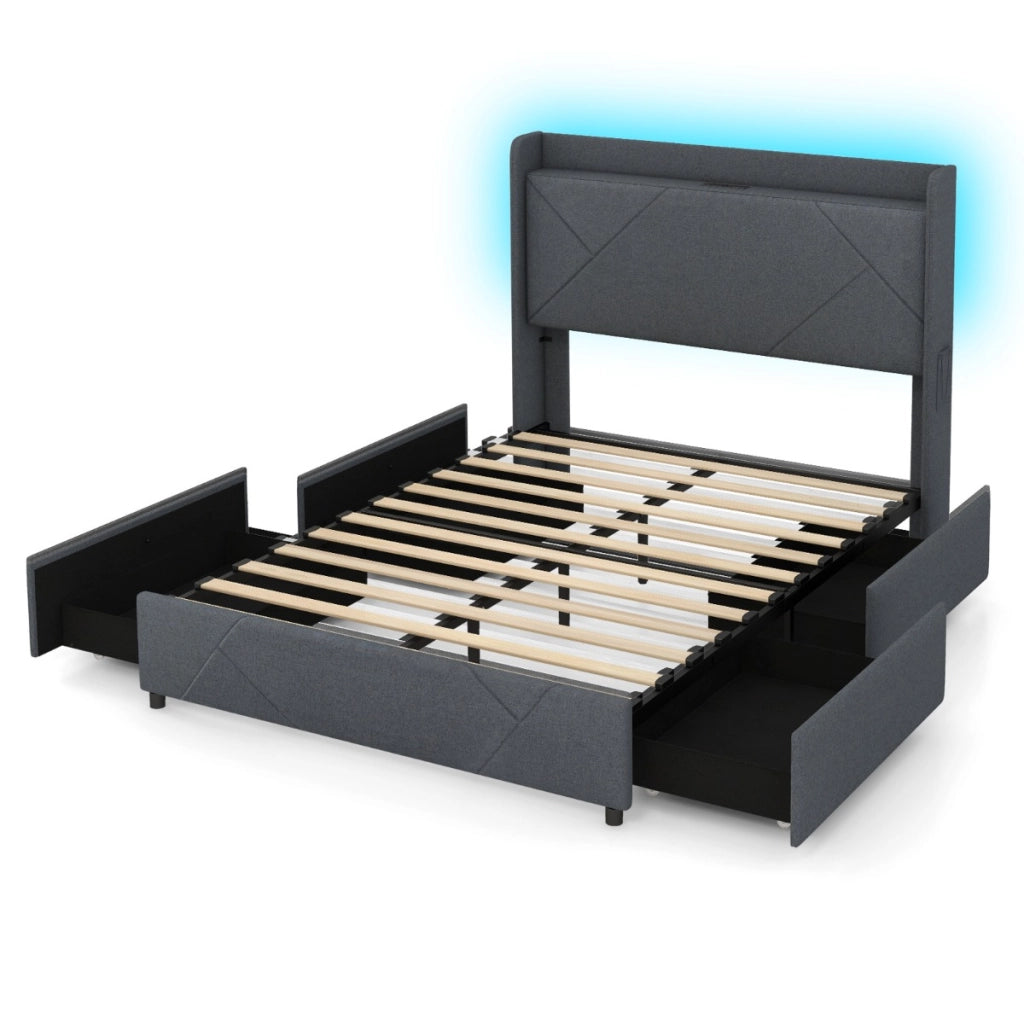 Struttura letto con luci LED letto imbottito con stazione di ricarica, Telaio letto matrimoniale 2 tasche di stoccaggio & 4 cassetti scorrevoli Grigio
