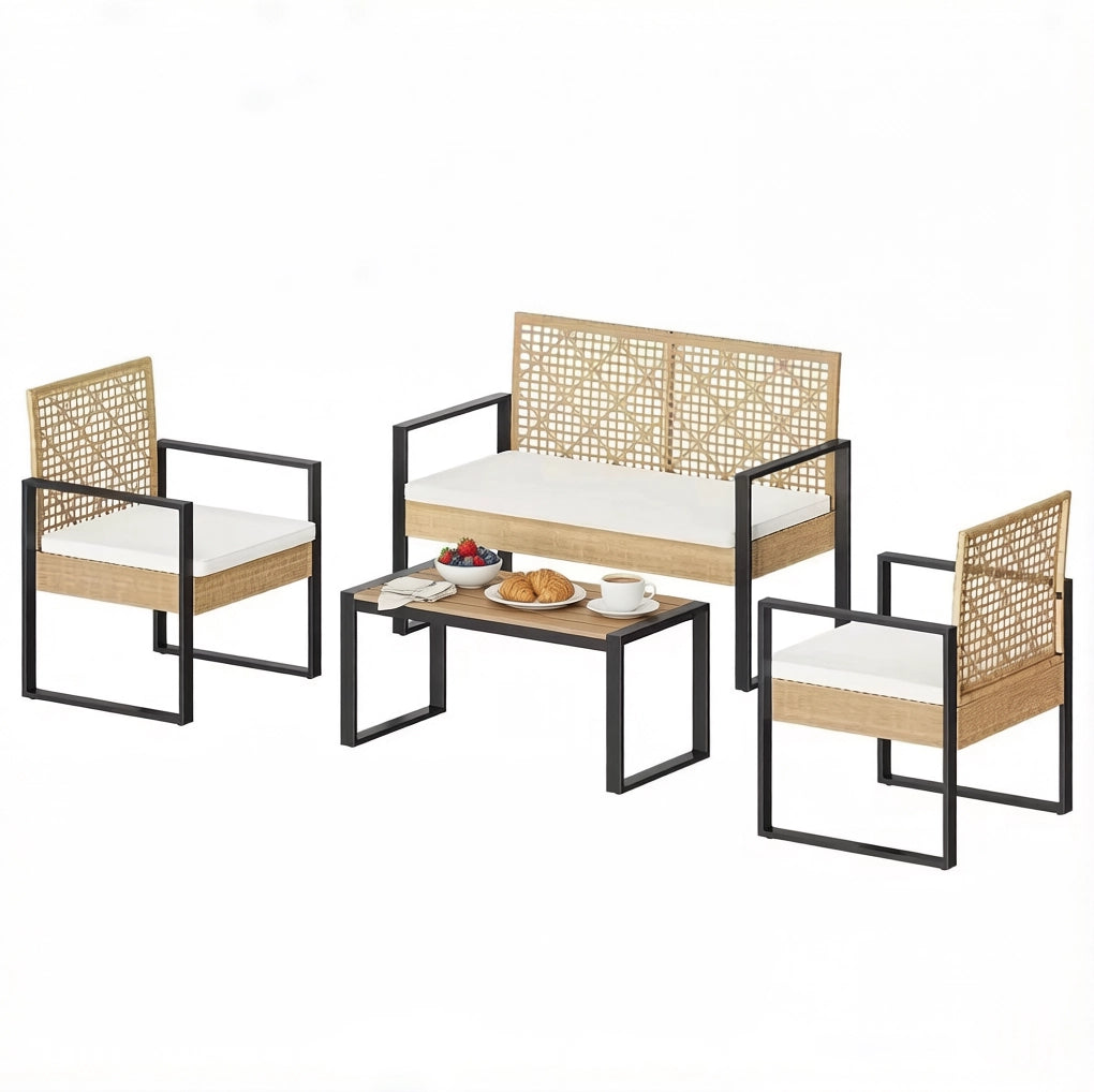 Set da giardino in PE rattan effetto legno naturale con divano 2 posti; 2 poltrone e tavolino