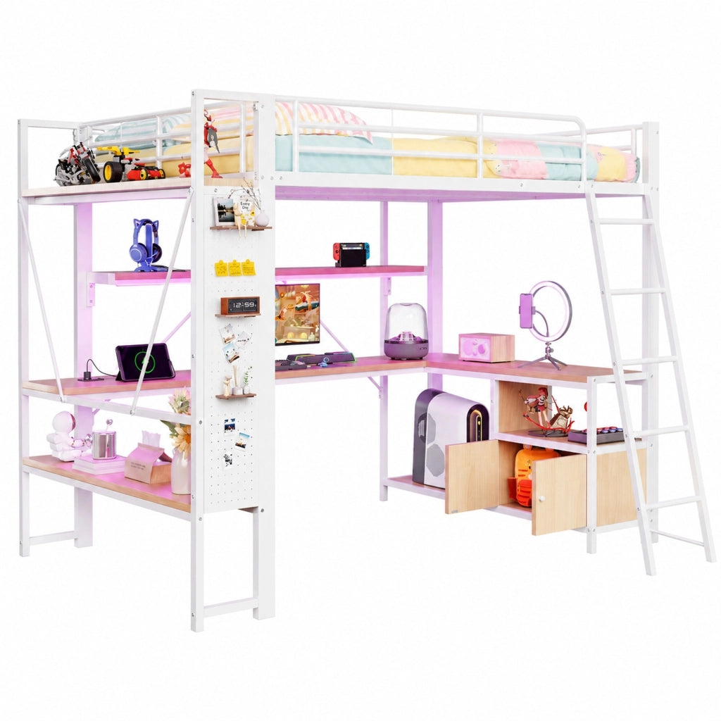 Letto a soppalco 140x200 cm con LED; scrivania e USB in metallo e MDF bianco