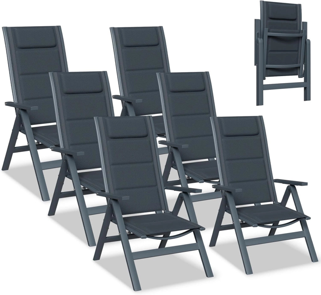 Set 6 Sedie da Giardino Pieghevoli in Alluminio - Poltrona da Giardino Esterna Regolabile in 7 Posizioni, Sedia Portatile a Schienale Alto Adatta a Tutte Tavole per Giardino, Terrazza, Piscina
