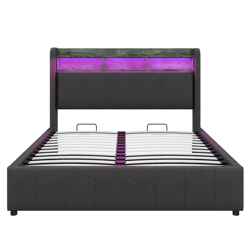 Letto imbottito 160x200 cm grigio con LED; USB; porta Type-C e contenitore idraulico
