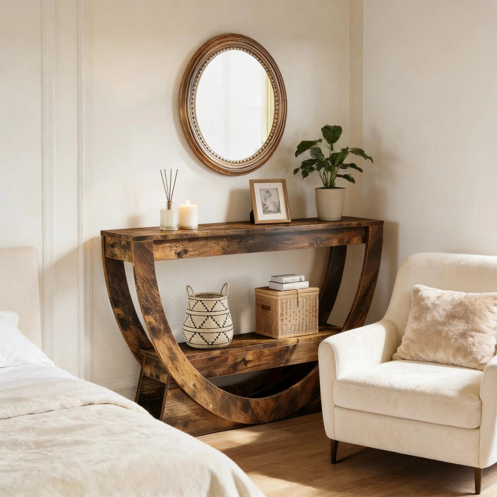 Mobile porta TV con 2 ripiani aperti e schienale curvo, per soggiorno, in MDF, marrone rustico, 160 × 30 × 80,5 cm