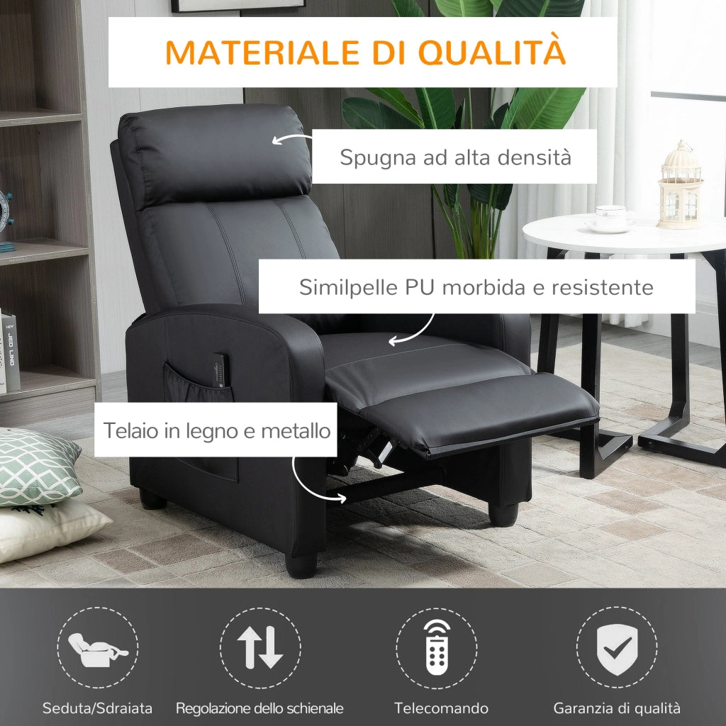 Poltrona Relax Massaggiante 68x88x98 cm con Telecomando in Similpelle Nera