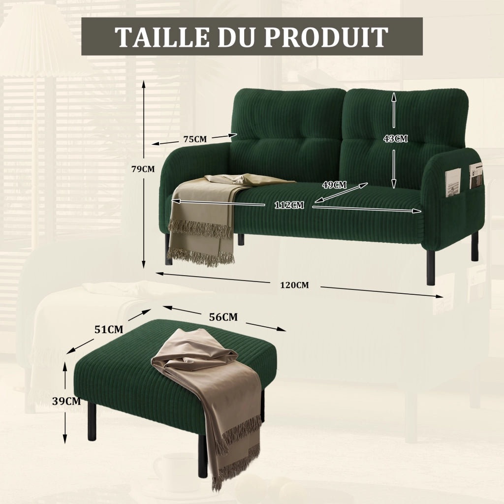 Divano 2 Posti con Tasca Laterale Schienale Ergonomico e Seduta Ampia in Velluto a Coste Verde Smeraldo 120 × 75 × 79 cm