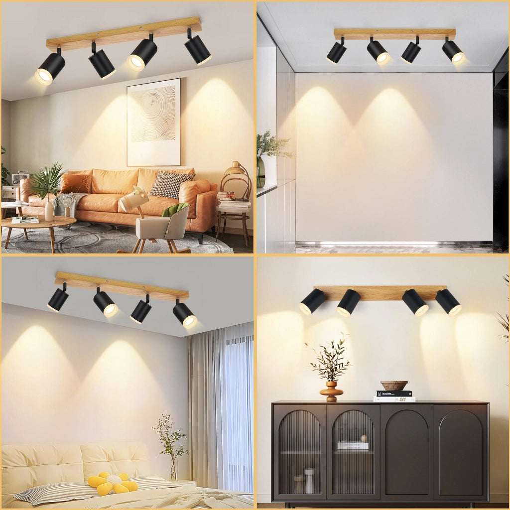 ZMH Faretto da soffitto 4 luci GU10 legno acrilico orientabili 350° per soggiorno