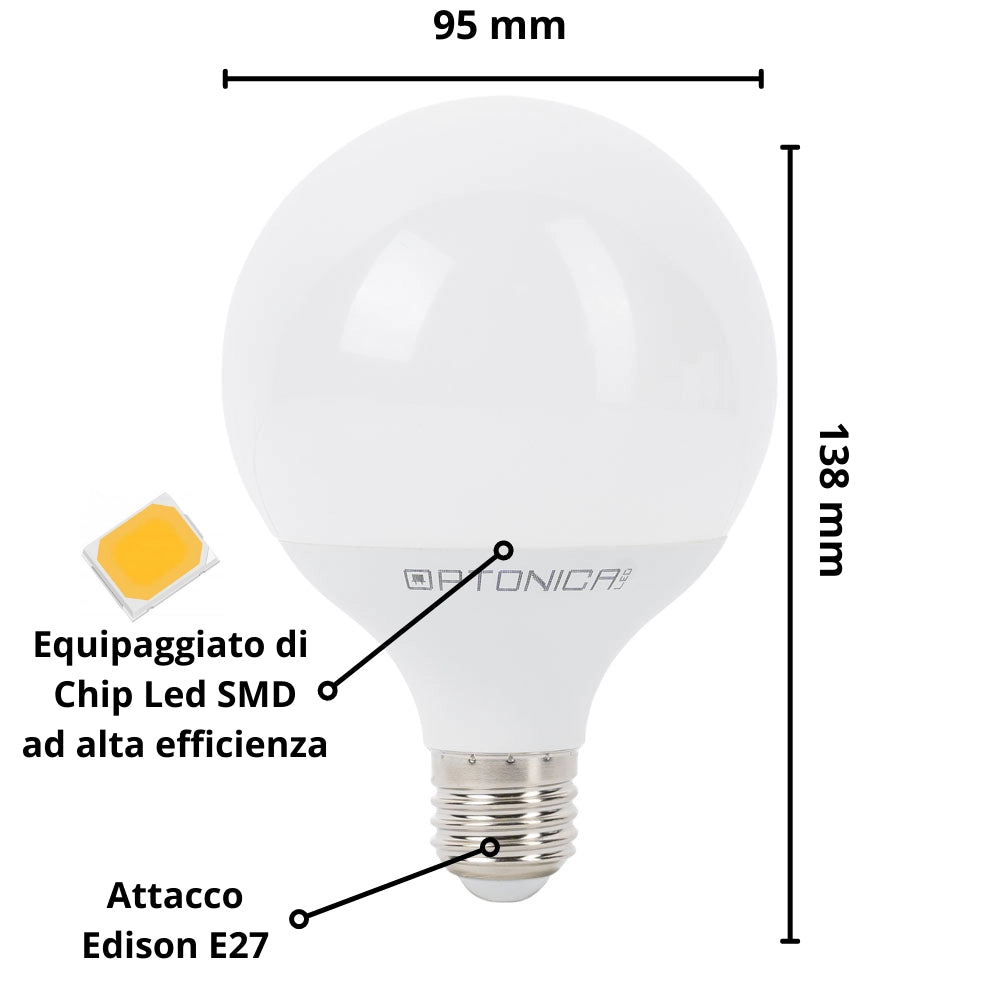 Lampadina led globo e27 12watt resa 70watt risparmio energetico 4500k pezzi 3