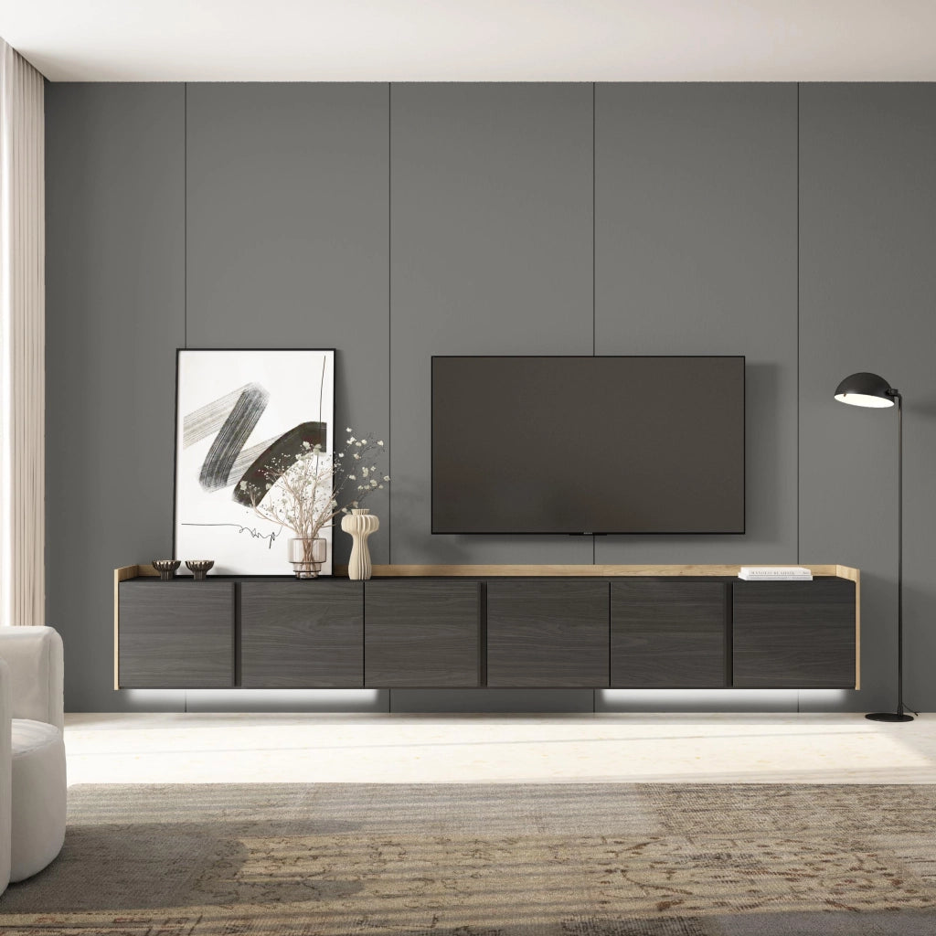 Mobile TV Soggiorno, 309x50x35 cm, Per TV fino a 80", Sospeso, da appendere, LED, Nero e rovere