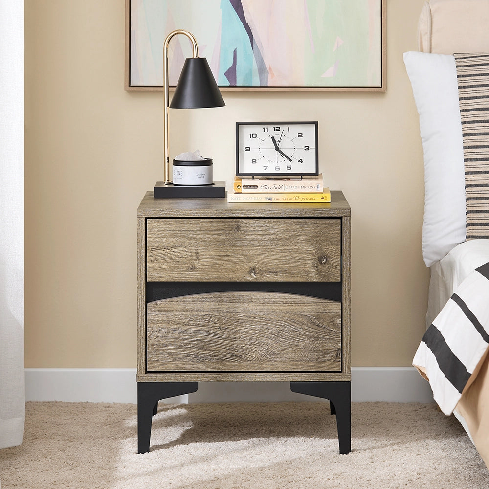 SoBuy Comodino, 2 cassetti con frontale curvo, effetto legno & gambe in metallo, Tavolino da notte moderno per camera da letto, 40×40×47 cm, naturale FBT165-N