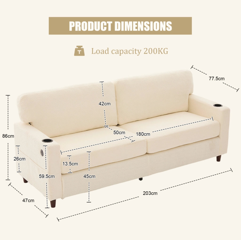 Divano a 2 posti in chenille beige con USB-C; luci LED; portabicchieri e tasche laterali 203 cm
