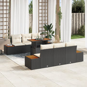 Set da Pranzo da Giardino a 7 Pezzi con Cuscini Neri Polyrattan Acacia