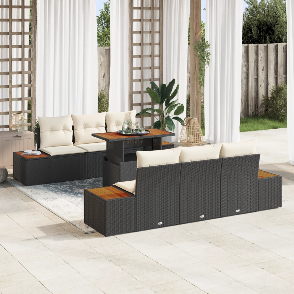 Set da Pranzo da Giardino a 7 Pezzi con Cuscini Neri Polyrattan Acacia