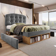 Letto singolo 90x200 cm, rivestito in velluto, testiera regolabile, 2 cassetti, grigio