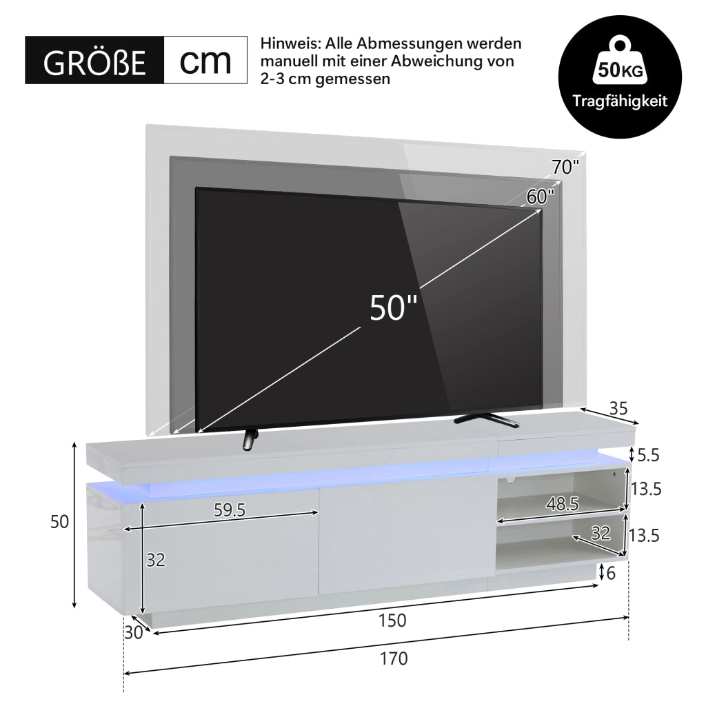 Mobile TV con 2 ante e LED - per soggiorno - 170×35×50 cm - bianco